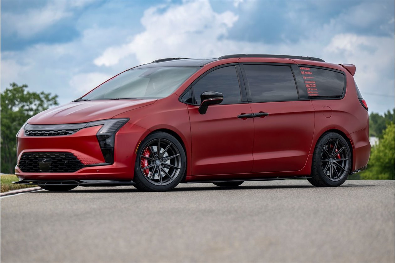 The 2027 Chrysler Pacifica VANkulture concept in matte red on dark alloy wheels